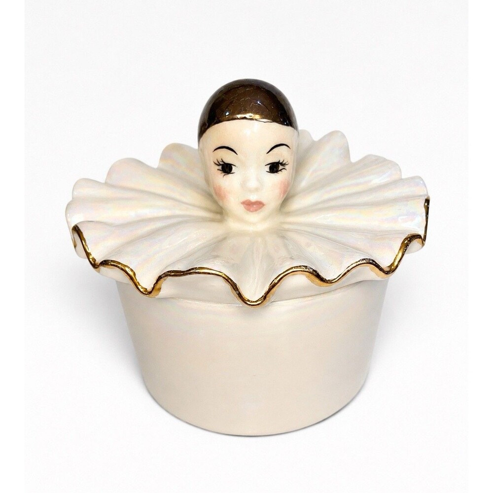 Vintage Pierrot Clown Trinket Box Iridescent Porcelain Gold Trim 5”